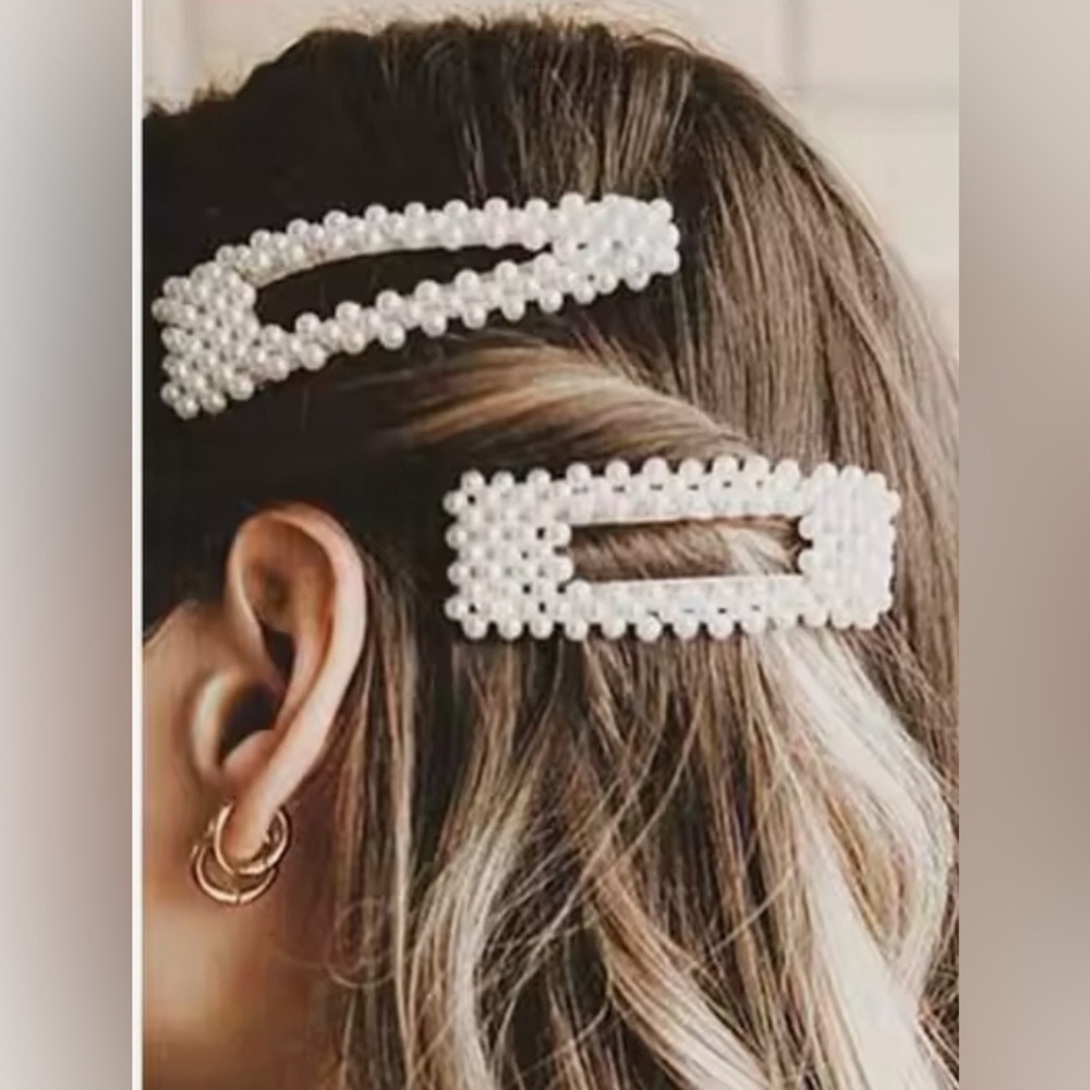 One set of faux pearl gold tone snap clips hair accessories Formal Accessories